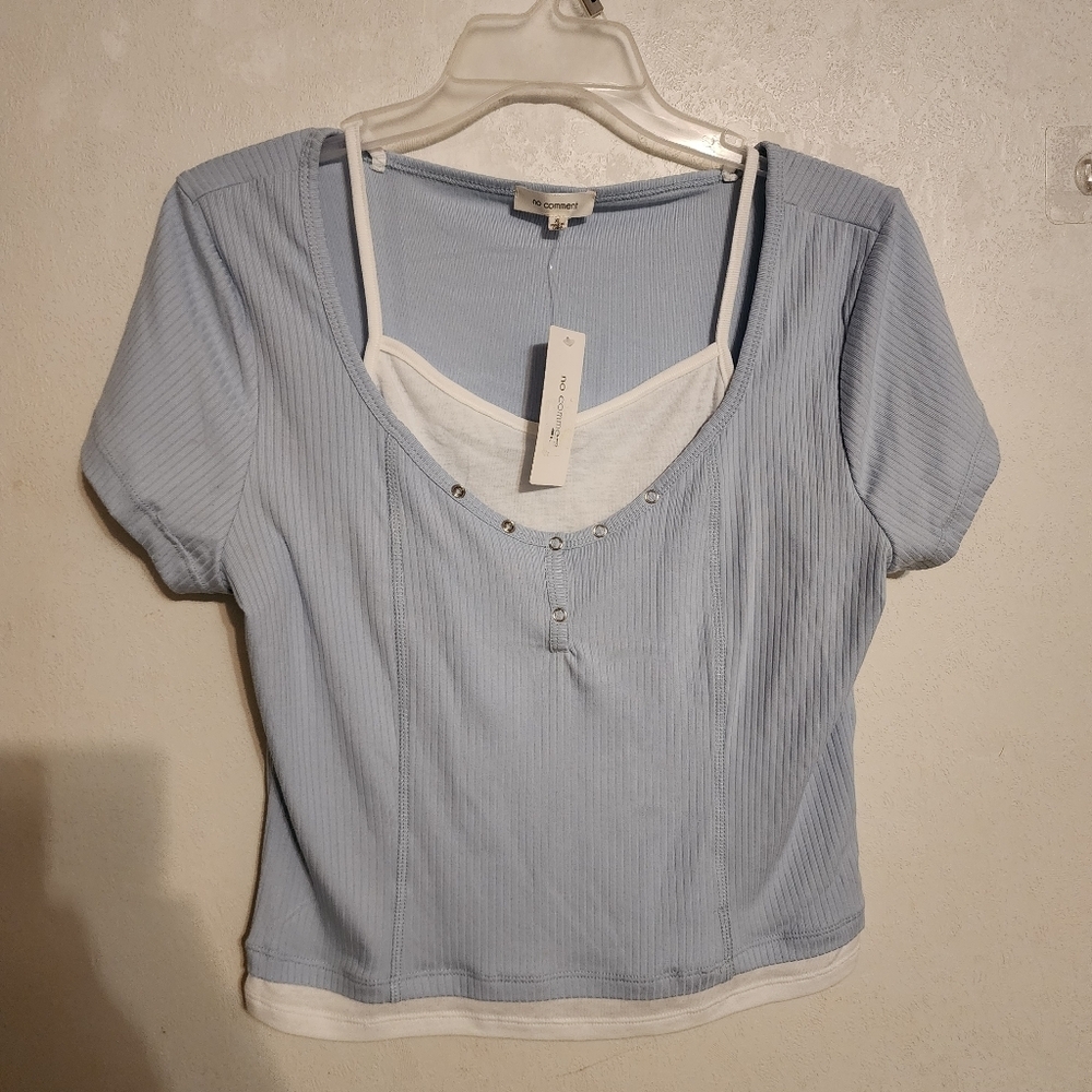 No Comment Blue Ribbed Tee Built-in White Cami Layered Top XL NWT